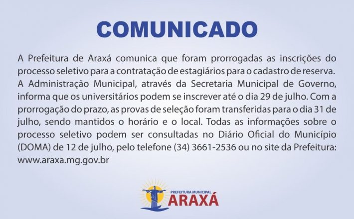 Comunicado: inscrições para processo seletivo de estagiários são prorrogadas