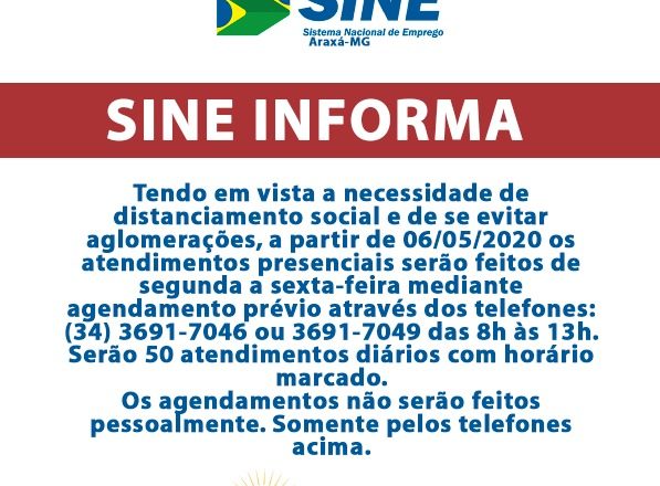 Atendimentos do Sine serão feitos com agendamento prévio por telefone