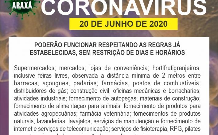 Prefeitura e Comitê COVID-19/Araxá divulgam lista dos serviços que abrem e fecham para essa semana