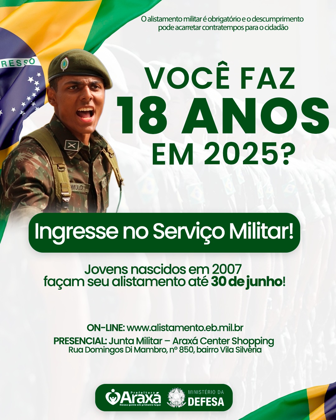 Jovens que completam 18 anos em 2025 têm até 30 de junho para fazer o alistamento militar