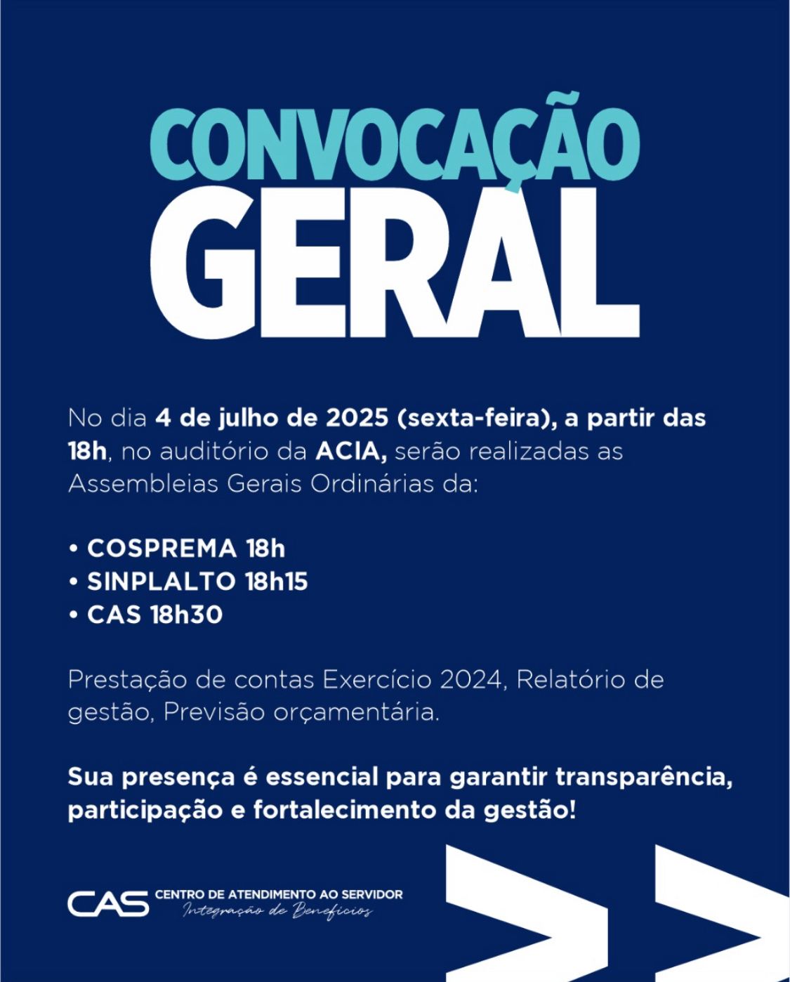 CAS convoca servidores para Assembleia Geral em 4 de julho