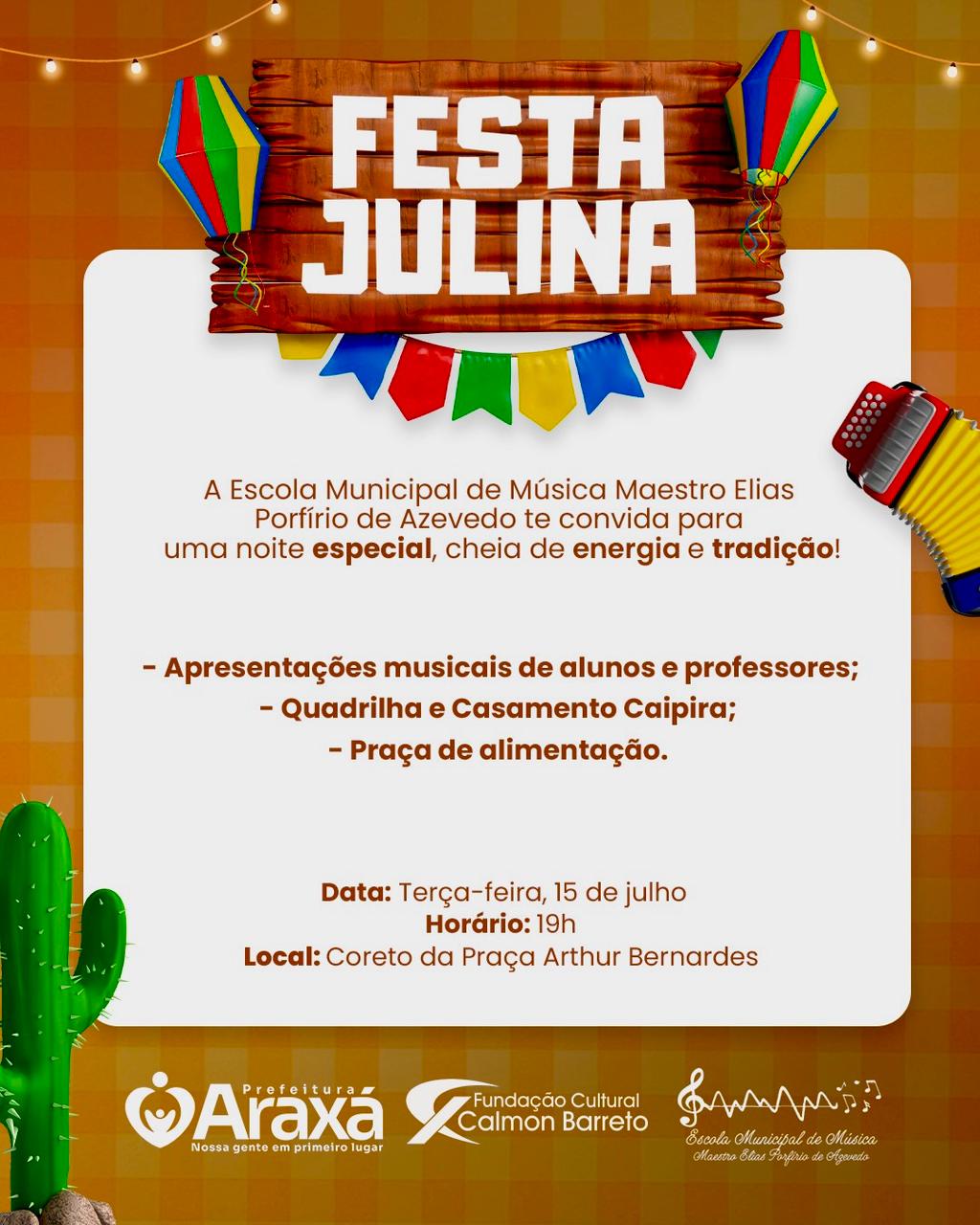 Festa Julina da Escola Municipal de Música será realizada na Praça Arthur Bernardes nesta terça (15)