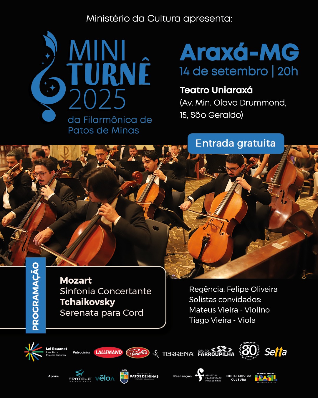 Orquestra Filarmônica de Patos de Minas realiza concerto gratuito em Araxá