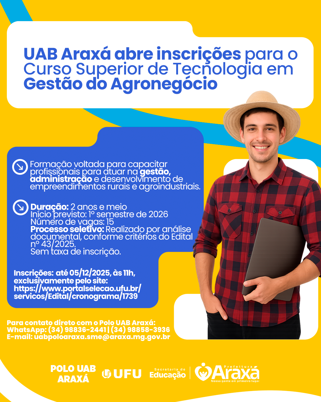UAB Araxá está com inscrições abertas para curso superior gratuito de Gestão do Agronegócio