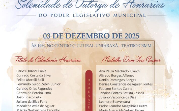 Solenidade de Entrega de Honrarias do Legislativo Municipal será realizada no dia 3 de dezembro