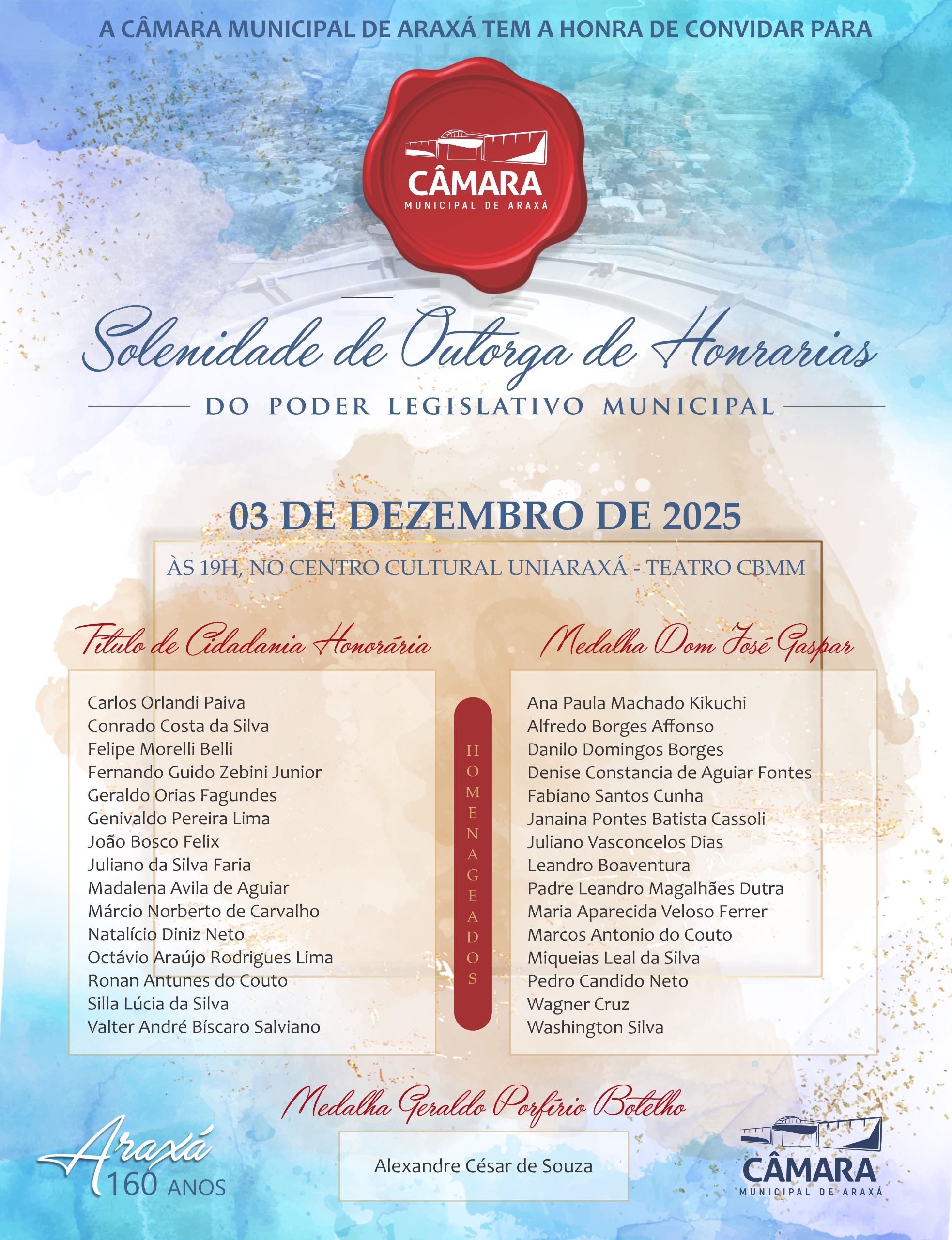 Solenidade de Entrega de Honrarias do Legislativo Municipal será realizada no dia 3 de dezembro